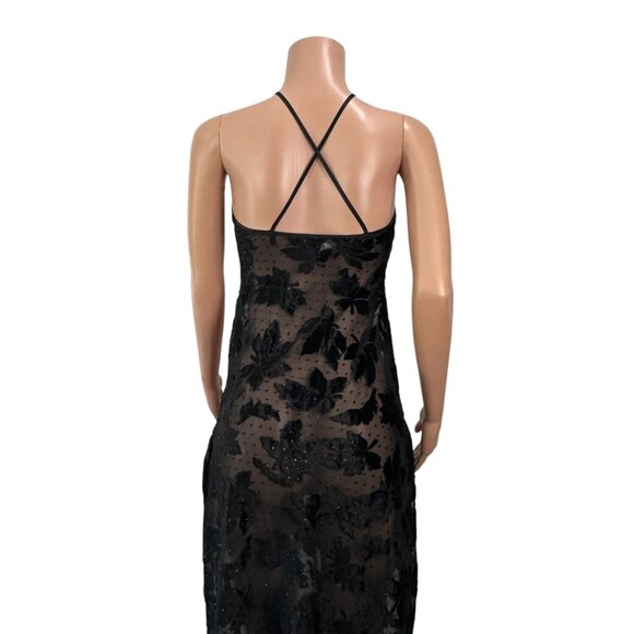 Vintage Morgan Taylor Black Sheer Slip Dress SZ S Velvet Floral By Fantasies - Picture 9 of 16